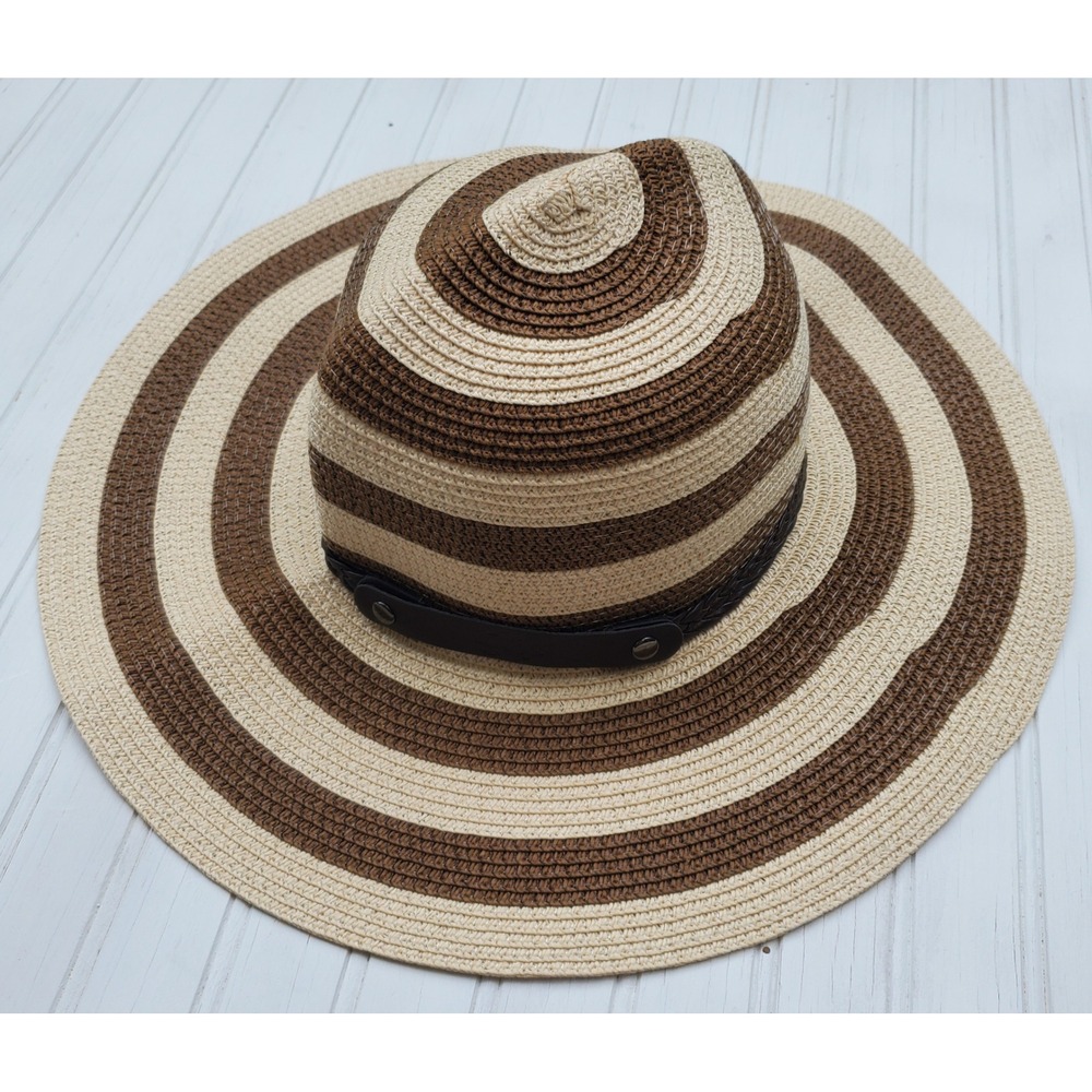 Scully Womens Striped Wide Brim Sun Hat Brown Beige Woven Fedora Beach Boho